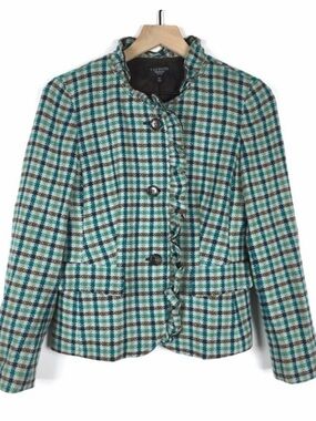 Talbots Teal and Cream Plaid Tweed Blazer